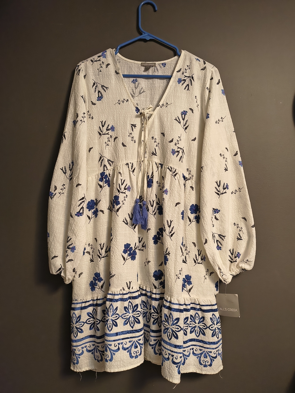 Falls Creek White Midi Dress with Blue Floral Print